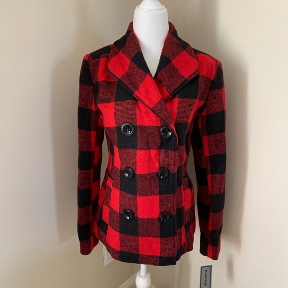 NWT Buffalo Plaid Wool Pea Coat Jacket - Picture 1 of 8